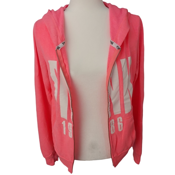 VICTORIA'S SECRET PINK Hot Pink Logo Sweatshirt Full Zip Hoodie Size Small - Picture 2 of 8